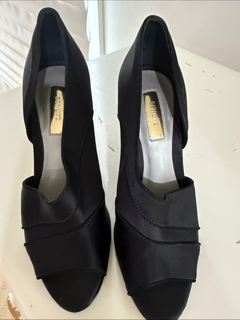 SCHUTZ Black Peep-Toe Layered Evening Heels
